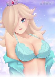 1girls artist_name blonde_hair bow bow_bra bra breasts cleavage crown earrings female female_only hair_covering_eye looking_at_viewer mario_(series) navel nidavellirstudios open_clothes princess_rosalina silver_crown solo solo_female solo_focus super_mario_galaxy