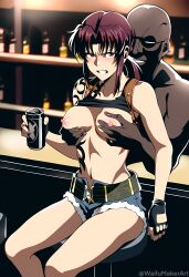 1boy 1girls ai_generated angry angry_face black_lagoon blush breasts dark-skinned_male embarrassed female grabbing_breasts groping groping_breasts groping_tits huge_breasts interracial mad male revy shirt_lift short_shorts waifumakerart