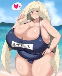 1girls bbw bed blonde_hair borscht breasts chubby female game_freak green_eyes hips huge_breasts long_hair lusamine_(pokemon) massive_breasts mature_female milf mother nintendo one-piece_swimsuit outdoors pokemon pokemon_sm swimsuit thick_thighs thighs voluptuous wide_hips