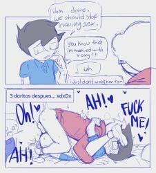 2boys black_hair black_hair_male bottomless cheating curly_hair curly_hair_female dave_strider dialogue female gay homestuck ilovedoggirls instant_loss_2koma john_egbert male male_focus male_only moaning moaning_in_pleasure netorare ntr partially_clothed partially_clothed_male penetration roxy_lalonde sex shirt_only short_hair short_hair_female short_hair_male text yaoi