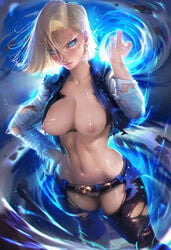 1girls android android_18 belly belt blonde blonde_hair blue blue_eyes breasts cleavage dragon_ball dragon_ball_z earrings eyes female female_only high_resolution hips hotpants jacket large_breasts legs navel nipples no_bra no_panties pantyhose photoshop realistic sakimichan shirt shoes short_hair solo standing thighs torn torn_clothes torn_pantyhose