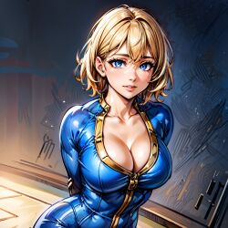 1girls ai_generated arbitrary bethesda_softworks blonde_hair blue_eyes bodysuit cleavage clothed_female fallout hi_res large_breasts short_hair skin_tight stable_diffusion