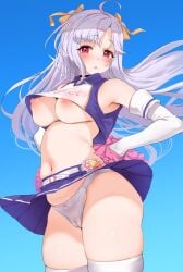 armpits arms_behind_back azur_lane belt blue_background blush breasts cameltoe character_name cheerleader chestnut_mouth collared_shirt cowboy_shot cropped_shirt cygnet_(azur_lane) cygnet_(royal_fanfare)_(azur_lane) detached_sleeves english_text female hair_ribbon hand_on_hip heart heavy_blush hechi_(hechi322) highres long_hair looking_at_viewer manjuu_(azur_lane) medium_breasts miniskirt nipples panties pom_pom_(cheerleading) puffy_nipples purple_hair purple_shirt purple_skirt red_eyes ribbon shirt simple_background skindentation skirt sleeveless sleeveless_shirt solo text thighhighs turning_head underwear upskirt very_long_hair white_panties white_sleeves white_thighhighs wind wind_lift yellow_ribbon