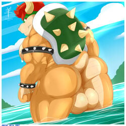 2017 aaron_(artist) anthro arm-band ass backsack balls ballsack bowser bracelet jewelry koopa male male_only mario_(series) muscular nintendo nipple_piercing nipples piercing scalie shell