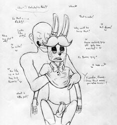 2015 animatronic anthro balls black_and_white blush bow_tie buckteeth cum cum_on_face dialogue duo english_text erection faceless_male five_nights_at_freddy's five_nights_at_freddy's_2 furry human inkyfrog lagomorph machine male mammal monochrome penis rabbit robot simple_background teeth text toy_bonnie_(fnaf) traditional_media_(artwork) undressing white_background yaoi