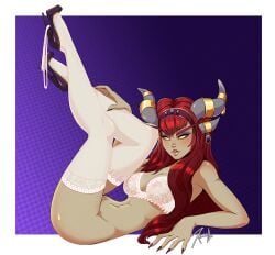 1girls alexstrasza athletic athletic_female blizzard_entertainment bottomless high_heels light-skinned_female light_skin lingerie red_hair solo stockings warcraft world_of_warcraft xinaelle