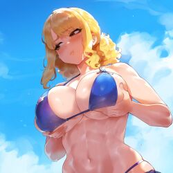 abs ai_generated artstyle_imitation blush fairy_tail from_below holding_breast hourglass_figure huge_breasts ldoe_art light-skinned_female looking_at_viewer lucy_heartfilia squeezing_breast thiccwithaq_(ai_style) thick_thighs wide_hips