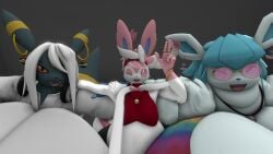 1boy 2girls big_breasts breasts cleavage eeveelution glaceon huge_breasts kingofthekabuto no_humans pokémon_(species) pokemon queenofthekabuto siblings sylveon tagme thick_thighs umbreon wide_hips