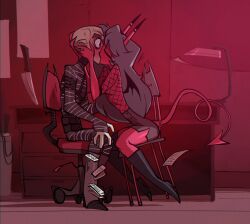 1boy 1girls bare_thighs bigdad black_hair blush color demon demon_girl female fishnets helluva_boss hi_res kiki_(helluva_boss) kissing long_hair male male/female original_character red_body red_skin sitting small_breasts succubus succubus_horns succubus_tail succubus_wings tagme thick_thighs