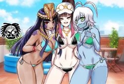 2d 2d_(artwork) 3girls alternate_costume belly_button bikini black_bikini black_hair blue_hair blue_skin brown-skinned_female cap clouds day female female_focus front_view grabbing_own_breast green_bikini green_eyes hana_yomeguri high_resolution highres hourglass_figure latam_virtual_youtuber light-skinned_female light_skin long_hair looking_at_viewer mrgarts naya_onuphyrus outdoors ponytail red_eyes saino short_hair sky smiling smiling_at_viewer snake_girl standing suggestive suggestive_look sunglasses sunglasses_on_head swimsuit thong thong_bikini tongue_out two_piece_swimsuit virtual_youtuber vtuber vtuberfanart white_hair yellow_eyes young younger_female zombie_girl