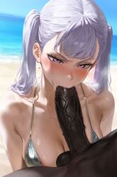 1girls absurd_res ai_generated angry annoyed beach big_breasts big_penis bikini black_clover black_penis blowjob blush breasts dark-skinned_male dark_skin fellatio forced hi_res huge_cock interracial large_breasts mirham noelle_silva oral outdoors pov purple_eyes royalty saliva silver_hair twintails veiny_penis