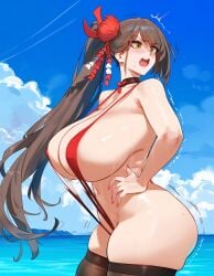 1girls ai_generated azur_lane beach big_breasts blush breasts brown_hair embarrassed female female_focus female_only green_eyes huge_ass huge_breasts large_breasts ocean side_ponytail sling_bikini surprised_expression swimsuit thick_thighs thighs zuikaku_(azur_lane)