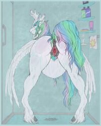 2021 absurd_res alicorn animal_genitalia anthro anthrofied anus ass belly bent_over big_belly color_edit colored colored_nails equid equine female fetlocks friendship_is_magic gaping gaping_pussy genitals hair hasbro hi_res hooves horn long_hair looking_back mammal my_little_pony mythological_creature mythological_equine mythology nails nude pacificside18 phathusa pregnant presenting princess_celestia_(mlp) pubes purple_nail_polish purple_nails pussy raised_tail sex_toy shampoo shower signature solo tail third-party_edit towel water wet wings