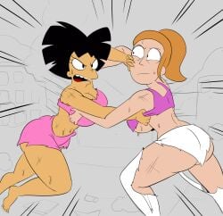 2girls adult_swim amy_wong big_breasts black_hair bruised catfight fight futurama giantess macro orange_hair rick_and_morty ripped_clothing sketch_background spakka5 summer_smith teenager