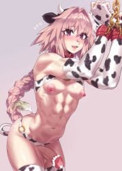 1boy abs astolfo_(fate) athletic athletic_male belly_button big_penis blush bound chains cow_ears cow_horns cow_tail cute_male eight_pack embarrassed erect_nipples fate_(series) femboy fit fit_male looking_at_viewer mizuumi_(bb) muscular muscular_arms muscular_femboy muscular_male muscular_thighs navel nipples pink_hair pointy_chin ponytail purple_eyes smile smiling stockings veiny_penis