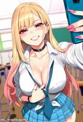 1girls ai_generated alterism big_breasts blonde_hair blush cellphone choker cleavage clothes_pull collared_shirt curvaceous curvy curvy_figure ear_piercing earrings eyelashes eyeshadow female_focus grin gyaru happy hourglass_figure jewelry kitagawa_marin large_breasts light-skinned_female light_skin lipstick long_hair long_nails looking_at_viewer makeup miniskirt multicolored_hair nail_polish necktie piercings pink_eyes pink_hair pink_nails pleated_skirt presenting presenting_breasts pulled_by_self pulling_clothing revealing_clothes school_uniform schoolgirl selfie shiny_skin skirt smile sono_bisque_doll_wa_koi_wo_suru standing teasing thick_thighs tied_shirt two_tone_hair wide_hips