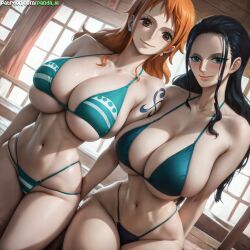 2girls ai_generated big_breasts black_hair blue_eyes breast_ breasts breasts_bigger_than_head curvy_female female female_only light-skinned_female looking_at_viewer nami nico_robin one_piece panda_ai post-timeskip red_hair swimsuit tattoo thick_thighs