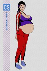 belly belly_button big_belly big_breasts breasts cobaltscribbler demi-chan_wa_kataritai exposed_belly glasses hands_behind_back huge_boobs huge_breasts ill_fitting_clothing interviews_with_monster_girls loose_clothes navel outie outie_navel popped_navel pregnant pregnant_belly pregnant_female satou_sakie smiling succubus tank_top tight_clothing tight_fit tracksuit