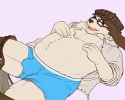 anthro boxer_briefs bulge canine cerb0980 clothed clothing dress_shirt eyewear flaccid flat_colors glasses looking_at_viewer male male_only mammal moobs open_clothes open_mouth open_shirt overweight overweight_male pants_down partially_clothed penis penis_outline saint_bernard shirt solo underwear weber