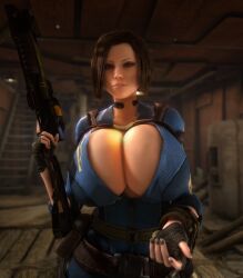 1girls 3d 3d_(artwork) alternate_breast_size bethesda_softworks bodysuit breasts_bigger_than_head breasts_bigger_than_torso brown_eyes brown_hair bulletstorm cleavage clothed clothed_female clothing computer electronics epic_games fallout female female_only female_solo fingerless_gloves gigantic_breasts gloves gun holding_gun holding_object holding_weapon hourglass_figure huge_breasts human human_female human_only open_bodysuit open_clothes people_can_fly pip-boy slim_waist solo solo_female thick_thighs thighs trishka_novak vaako vault_suit weapon wide_hips wristwear