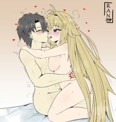 1boy 1girls archetype_earth arcueid_brunestud arms_around_partner ass big_ass big_breasts blonde_hair blush breasts brown_hair closed_eyes command_spell cowgirl_position duo fate/grand_order fate_(series) female fujimaru_ritsuka_(male) heart huge_breasts kissing large_ass large_breasts light-skinned_female light-skinned_male looking_at_another looking_pleasured male motion_lines nude penetration pressing_breast_on_partner pressing_breasts red_eyes steam steaming_body sweat tongue_out trembling tsukihime very_long_hair