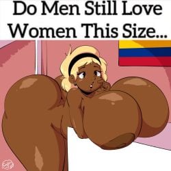 1:1 1girls absurd_res accessory areolae arms_under_breasts ass belly bent_over big_ass black_eyes blonde_hair bow breasts breasts_bigger_than_head brown_body busty carlos_jurado_cartoons cjr_cartoons colombian colombian_female colombian_flag country curvaceous curvy dark-skinned_female dark_skin digital_media_(artwork) do_men_still_love_women_this_size ear_piercing english_text eyebrows eyelashes female female_only glistening_body hi_res huge_breasts human humanoid latina lips lipstick mammal meme mole nipples open_mouth original original_character puffy_nipples slightly_chubby solo tagme text thick_ass thick_thighs voluptuous wide_hips yena_(cjr_cartoons)