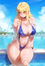 ai_generated artstyle_imitation avoiding_eye_contact big_lips blush fairy_tail hourglass_figure huge_breasts ldoe_art light-skinned_female lucy_heartfilia shy thiccwithaq_(ai_style) thick_lips thick_thighs wide_hips