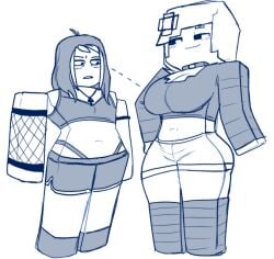 2girls annoyed annoyed_expression blank_background blocky_body breasts colorless female female_only flat_chest flat_chested fully_clothed height_difference hexanne jenny_belle_(slipperyt) minecraft mother_daughter_boob_envy_(meme) older roblox roblox_avatar robloxian slightly_open_mouth smile smug smug_expression starfall_(hexanne) staring_at_another staring_at_breasts