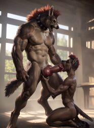 ai_generated blowjob canine cum cumming duo gay gnoll knot looking_pleasured male_on_male muscular_male oral panting realistic solo wolf