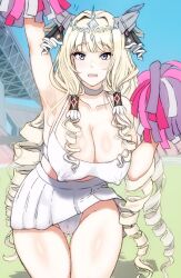 1girls armpits blonde_hair blue_eyes cameltoe cheerleader choker cleavage collarbone covered_nipples crop_top crown crown_(nikke) drill_hair embarrassed goddess_of_victory:_nikke headgear large_breasts long_hair looking_at_viewer lowres no_bra one_arm_up open_mouth panties pleated_skirt pom_poms shironoharuka skirt sky solo solo_female tank_top underwear upskirt white_panties white_skirt white_tank_top