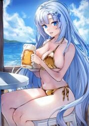 absurdres alcohol animal_ears beach beer bikini blue_sky breasts cat_ears female heterochromia highres sky smile solo swimsuit tenneko_yuuri voicevox