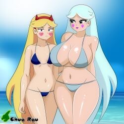 2girls age_difference big_breasts bikini blonde_hair blue_eyes blue_hair chuyryu daughter disney enormous_breasts female female_focus female_only huge_breasts long_hair looking_at_another mature_female meme micro_bikini milf moon_butterfly mother mother_and_daughter mother_daughter_boob_envy_(meme) small_breasts star_butterfly star_vs_the_forces_of_evil voluptuous voluptuous_female young younger_female