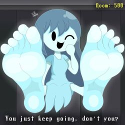 barefoot blue_hair blue_skin blue_skinned_female feet feet_focus foot foot_fetish foot_focus ghost ghost_girl hyper_feet panettouu signed spooky's_house_of_jump_scares spooky_(shojs) text toes wink winking_at_viewer