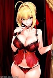 1girls ai_generated bare_arms bare_legs bare_shoulders bare_thighs big_breasts blonde_hair blush bons_ai bra clothed clothing color fate_(series) female female_focus female_only green_eyes hi_res large_breasts light-skinned_female light_skin lingerie long_hair nero_claudius_(fate) panties red_lingerie solo solo_female tagme thick_thighs underwear