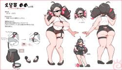 1girls ass black_eye black_hair black_nails breasts character_sheet cleavage cyclops drill_hair food huge_breasts japanese_text kurume_meme light-skinned_female light_skin monster_girl nipple_bulge original penny_sirahune popsicle shoes skirt text twin_drills