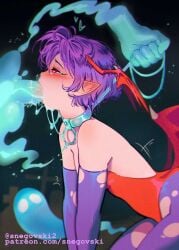 blush cum darkstalkers fellatio ghost ghost_hands heart-shaped_pupils lilith_aensland pointy_ears purple_hair ripped_clothing short_hair small_breasts snegovski