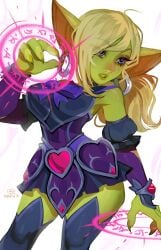 1girls absurd_res big_ears blonde_hair blue_eyes clothed clothing earrings female female_only goblin goblin_female gobtober gobtober_2024 green_skin long_hair maewix1 magic pointy_ears sharp_fingernails solo white_background