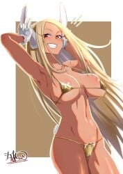 :d absurdres alternate_hair_color animal_ears armpits arms_up bikini boku_no_hero_academia border breasts collarbone covered_nipples dark-skinned_female dark_skin female gloves gold_bikini highres large_breasts linea_alba long_eyelashes long_hair looking_at_viewer micro_bikini miruko my_hero_academia navel parted_bangs rabbit_ears rabbit_girl rabbit_tail red_eyes rumi_usagiyama signature skindentation smile solo stomach swimsuit tail thighs toned_female ushio_shinshia v very_long_hair white_border white_gloves white_hair