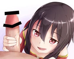 bar_censor black_hair censored dress erobokkuri female from_above handjob highres kono_subarashii_sekai_ni_shukufuku_wo! looking_at_viewer megumin open_mouth penis red_eyes short_hair smile smug solo_focus veins veiny_penis