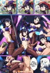 3boys black_hair blue_eyes chibi comic cum cum_in_ass cum_in_mouth cum_in_pussy english_text forced forced_oral gangbang genshin_impact looking_at_viewer mona_(genshin_impact) paimon_(genshin_impact) pole pole_dancer pole_dancing prostitute prostitution reit sex strip_dance tagme tight_clothing twintails vaginal_penetration watermark