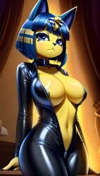ai_generated ankha ankha_(animal_crossing) bikesuit breasts cleavage female latex naked_under_clothes nsfw open_clothes solo tagme