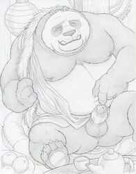 1boy 2017 anthro artist_name balls ballsack bear black_fur body_fur bottomless clothed clothing clothing_aside cushion dudebulge erection foreskin foreskin_folds foreskin_pull furry_balls greyscale hybrid_penis intact kung_fu_panda li_shan male male_nipples male_only mammal masculine mature_male monochrome moobs overweight overweight_male panda partially_retracted_foreskin pencil_(artwork) penis reclining scrotum sheathed_humanoid_penis sitting solo spread_legs spreading teapot testicles traditional_media_(artwork) uncut vein veiny_penis white_fur