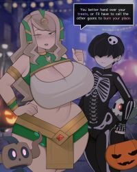 1boy1girl big_breasts black_hair blonde_hair cleavage clothed duskull eye_scar femboy freckles freckles_on_breasts freckles_on_face gdblight halloween halloween_costume milf nyx_(gdblight) pale-skinned_female penis_bulge phantump pokemon taller_girl team_chaos_grunt