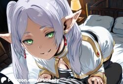frieren sousou_no_frieren pointy_ears 1girl jewelry elf earrings green_eyes twintails looking_at_viewer capelet white_capelet long_hair pantyhose smile parted_bangs solo thick_eyebrows black_pantyhose white_hair floating_earring on_bed indoors bookshelf dress choker lying white_dress shirt gold_trim striped_clothes black_choker grey_hair sidelocks bed striped_shirt white_skirt breasts short_eyebrows black_belt long_sleeves artist_name parted_lips belt skirt pov robe ass small_breasts on_stomach white_shirt teeth border mage_staff mionety ai_generated