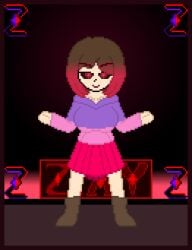 bete_noire betty_noire black_eyes boots breasts brown_hair glitchtale hoodie pink_hoodie pockets purple_hoodie red_eyes red_hair short_hair skirt smile smiling wearing_clothes zixy