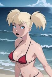 1girls 2024 ai_generated batman:_the_animated_series beach big_breasts bikini black_hairband black_lips black_lipstick blonde_hair blue_eyes bonnieaiart boobs bra cleavage clouds dc dc_comics dcau deviantart deviantart_link female female_only harleen_quinzel harley_quinn harley_quinn_(classic) large_breasts light-skinned_female light_skin looking_at_viewer ocean pale-skinned_female pale_skin red_bikini red_bra sea smooth_skin solo twintails villain villainess