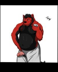 alexander_wolf_gear_(character) beard belly bin_(artist) black_fur canine cellphone ear_piercing erection facial_hair fur male male_only mammal overweight penis phone piercing red_eyes red_fur solo tattoo towel wolf