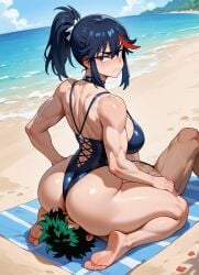 1boy 1boy1girl 1girls ai_assisted ai_generated ass ass_bigger_than_head beach beach_towel big_ass big_butt bikini blue_and_red_hair blue_bikini blue_hair butt butt_bigger_than_head collar dark_blue_bikini dark_blue_hair facesitting feet female gigantic_ass gigantic_butt green_hair huge_ass huge_butt hyper_ass hyper_butt izuku_midoriya kill_la_kill kneeling large_ass large_butt looking_at_viewer male massive_ass massive_butt matoi_ryuuko messy_hair monokini muscular muscular_arms muscular_back muscular_female my_hero_academia on_beach shiny_ass shiny_butt shiny_skin sitting_on_face streaked_hair