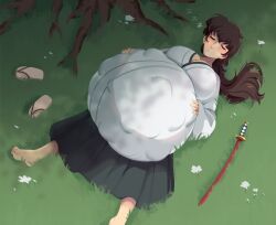 1girls asian barefoot belly_bigger_than_head black_hair breasts closed_eyes female hyper_pregnancy japanese_female kaijinx pregnant ready_to_pop ronin sleeping solo solo_female sword tagme