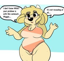 2016 anthro black_nose blonde_hair blue_background bovine cameltoe cattle chest_tuft clothing confusion dialogue english_text eyewear female freckles glasses hair horn mammal one-piece_swimsuit pubes pussy simple_background solo sprocket_(artist) sweat swimsuit text tuft white_background